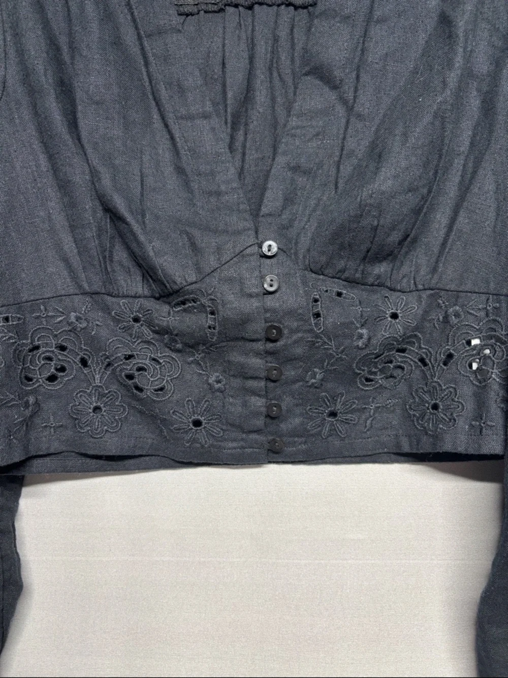 NWT Abercrombie & Fitch Black Linen Plunge Cutwork Eyelet Boho Cottagecore Top